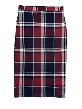 Forever 21 Plaid Pencil Skirt Burgundy Navy Pull On Stretch Size S
